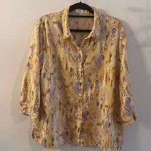 Coldwater Creek Top Women Size XXL Yellow Linen Button Southwest Aztec Casual